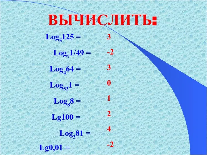 ВЫЧИСЛИТЬ: Log5125 = Log71/49 = Log464 = Log521 = Log88 =