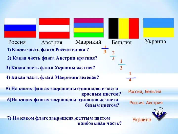 Математический диктант "Флаги" Россия, Бельгия Украина Россия, Австрия 1) Какая часть