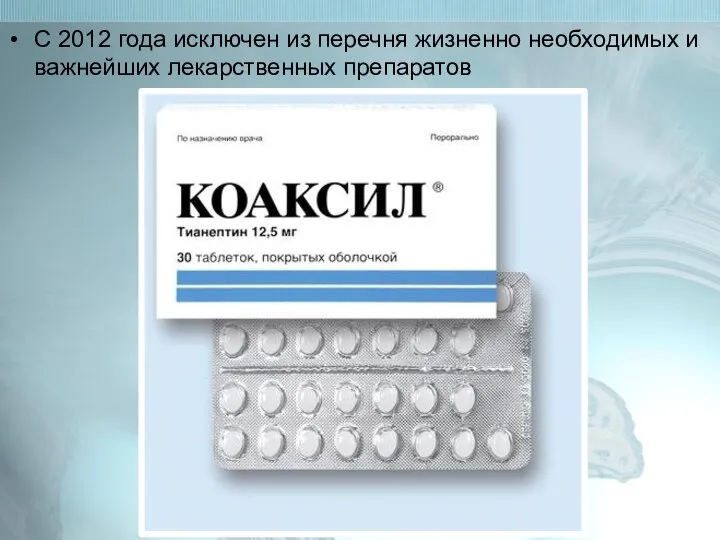 C 2012 года исключен из перечня жизненно необходимых и важнейших лекарственных препаратов