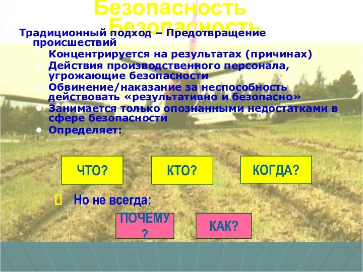 Безопасность Безопасность Традиционный подход – Предотвращение происшествий Концентрируется на результатах (причинах)