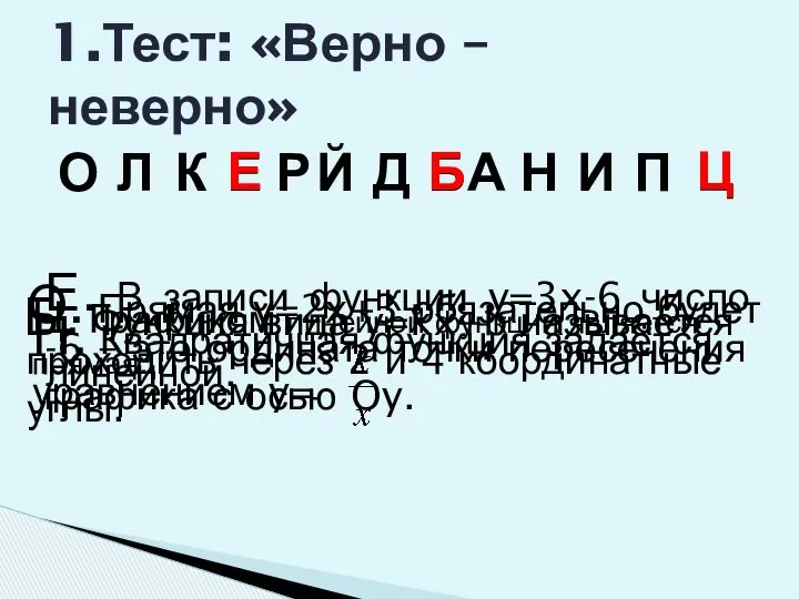 1.Тест: «Верно – неверно» Б. Функция вида y=kx+b называется линейной. О