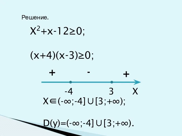 Решение. X2+x-12≥0; (x+4)(x-3)≥0; X∈(-∞;-4]∪[3;+∞); D(y)=(-∞;-4]∪[3;+∞).