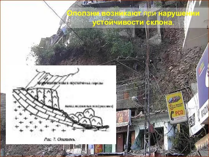 Оползни возникают при нарушении устойчивости склона.