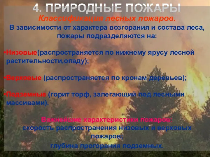 4. природные пожары 4. ПРИРОДНЫЕ ПОЖАРЫ Классификация лесных пожаров. В зависимости