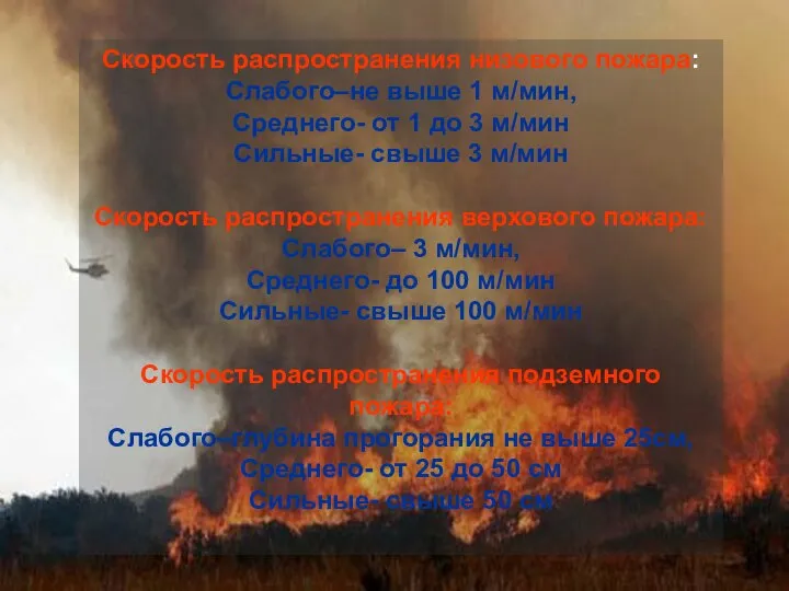 Скорость распространения низового пожара: Слабого–не выше 1 м/мин, Среднего- от 1