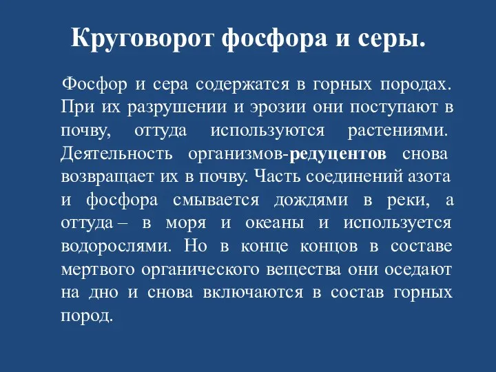 Круговорот фосфора и серы. Фосфор и сера содержатся в горных породах.