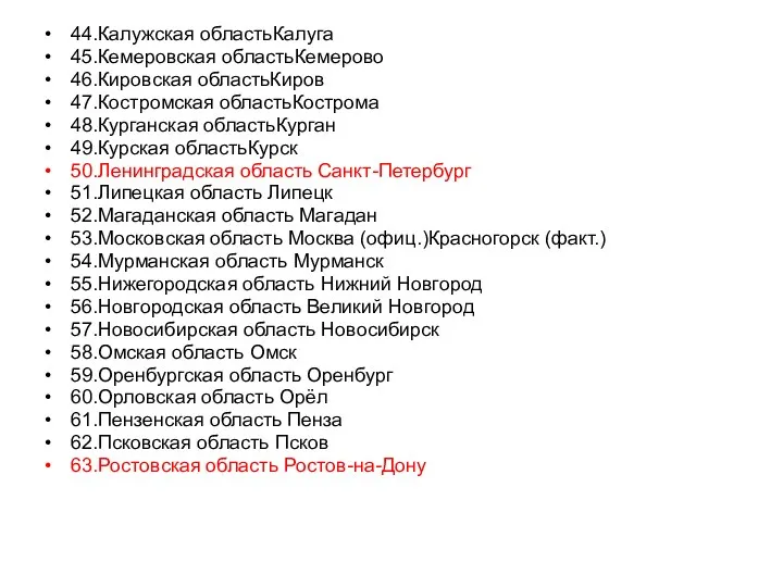 44.Калужская областьКалуга 45.Кемеровская областьКемерово 46.Кировская областьКиров 47.Костромская областьКострома 48.Курганская областьКурган 49.Курская