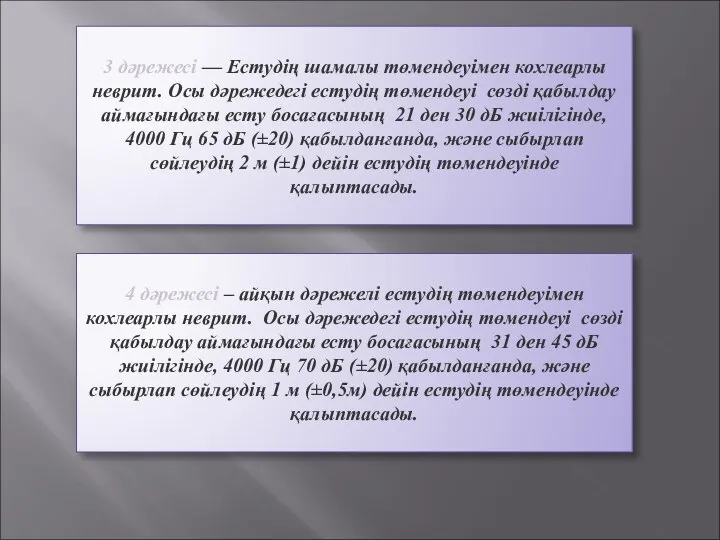 3 дәрежесі — Естудің шамалы төмендеуімен кохлеарлы неврит. Осы дәрежедегі естудің