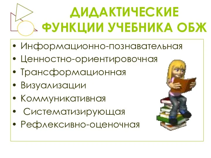 ДИДАКТИЧЕСКИЕ ФУНКЦИИ УЧЕБНИКА ОБЖ Информационно-познавательная Ценностно-ориентировочная Трансформационная Визуализации Коммуникативная Систематизирующая Рефлексивно-оценочная