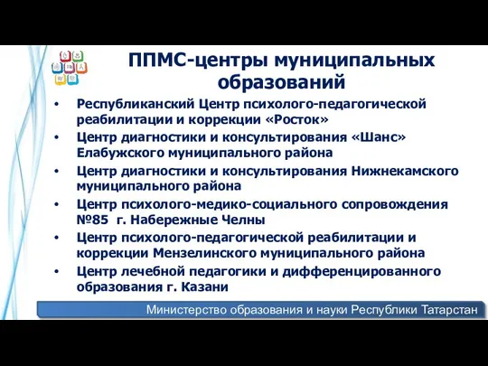 Министерство образования и науки Республики Татарстан ППМС-центры муниципальных образований Республиканский Центр