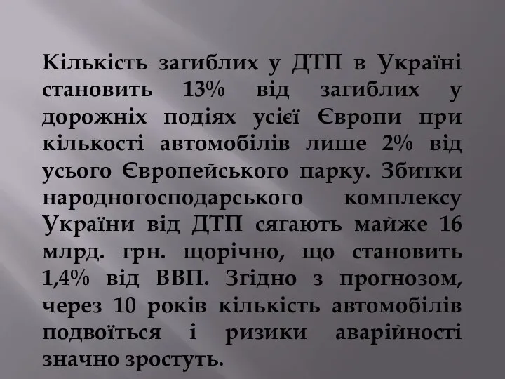 Кількість загиблих у ДТП в Україні становить 13% від загиблих у