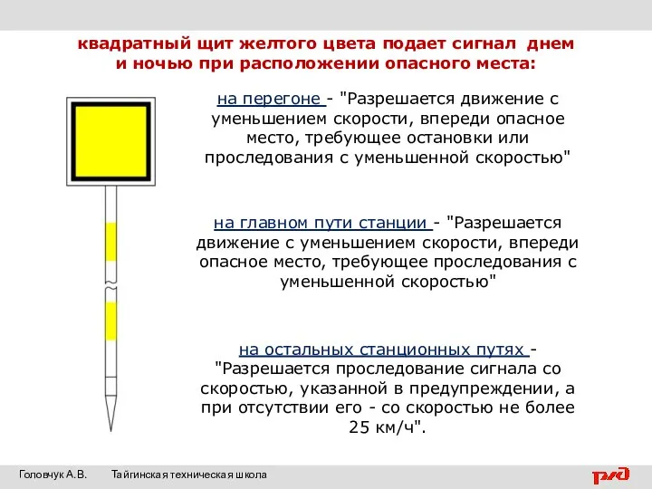 квадратный щит желтого цвета подает сигнал днем и ночью при расположении