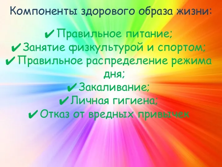 Компоненты здорового образа жизни: Правильное питание; Занятие физкультурой и спортом; Правильное