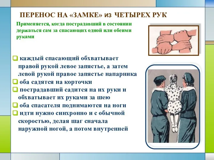 Применяется, когда пострадавший в состоянии держаться сам за спасающих одной или