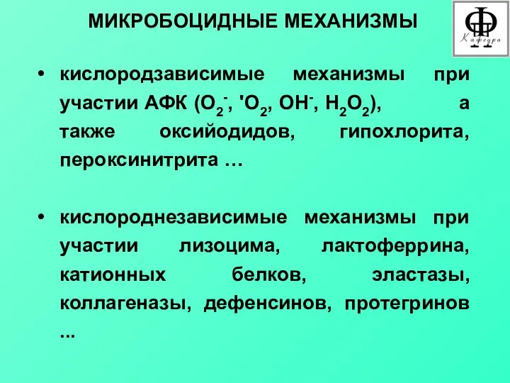 МИКРОБОЦИДНЫЕ МЕХАНИЗМЫ кислородзависимые механизмы при участии АФК (О2-, 'О2, ОН-, Н2О2),