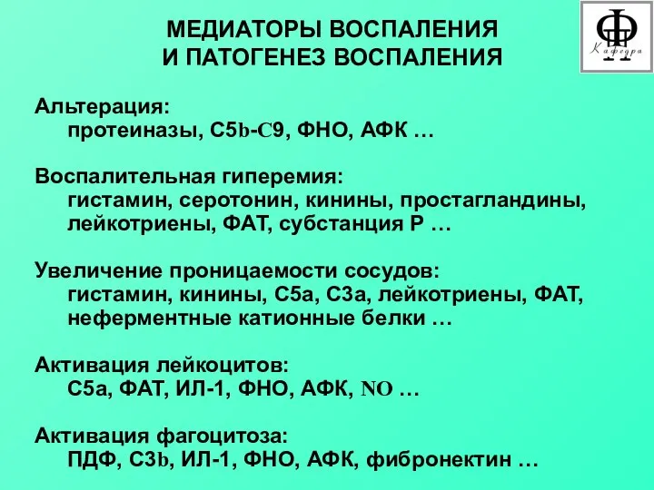 МЕДИАТОРЫ ВОСПАЛЕНИЯ И ПАТОГЕНЕЗ ВОСПАЛЕНИЯ Альтерация: протеиназы, С5b-C9, ФНО, АФК …