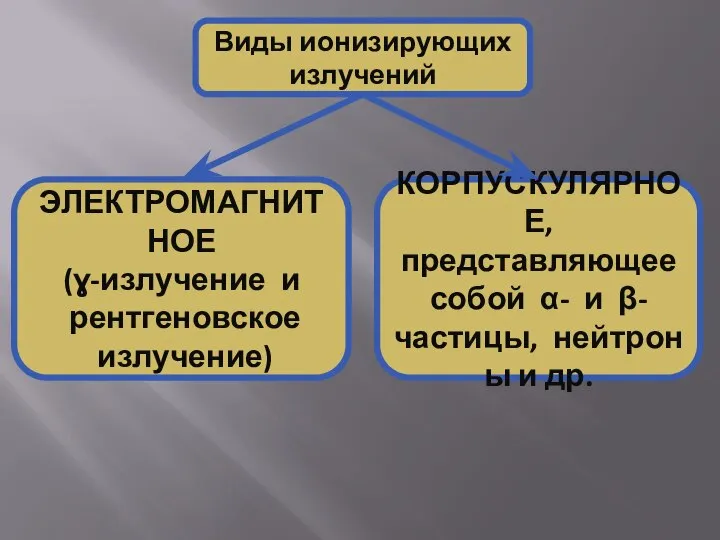 Виды ионизирующих излучений ЭЛЕКТРОМАГНИТНОЕ (ɣ-излучение и рентгеновское излучение) КОРПУСКУЛЯРНОЕ, представляющее собой