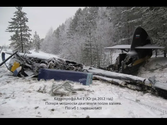 Катастрофа Ан-2 (Югра,2012 год) Потеря мощности двигателя после взлета. Погиб 1 парашютист