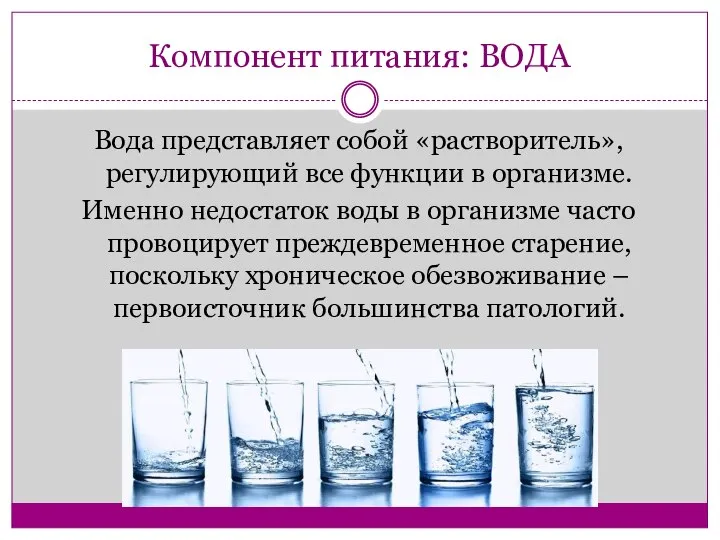 Компонент питания: ВОДА Вода представляет собой «растворитель», регулирующий все функции в