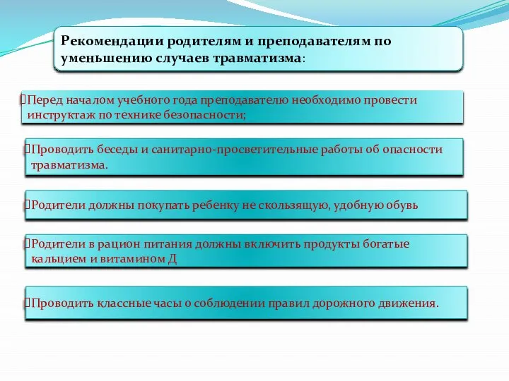 Рекомендации родителям и преподавателям по уменьшению случаев травматизма: Перед началом учебного