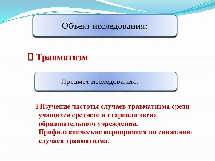 Объект исследования: Травматизм Предмет исследования: Изучение частоты случаев травматизма среди учащихся