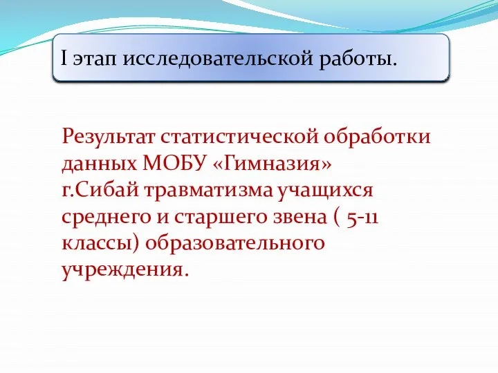 I этап исследовательской работы. Результат статистической обработки данных МОБУ «Гимназия» г.Сибай