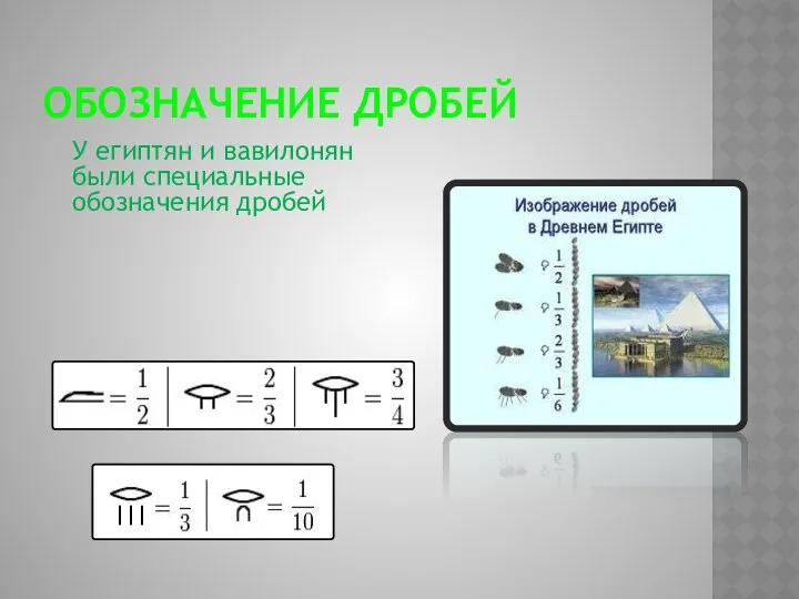 ОБОЗНАЧЕНИЕ ДРОБЕЙ У египтян и вавилонян были специальные обозначения дробей