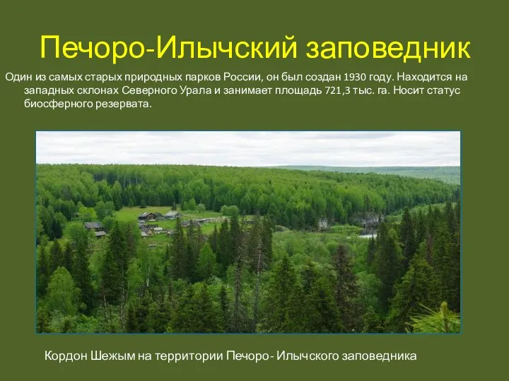 Печоро-Илычский заповедник Один из самых старых природных парков России, он был