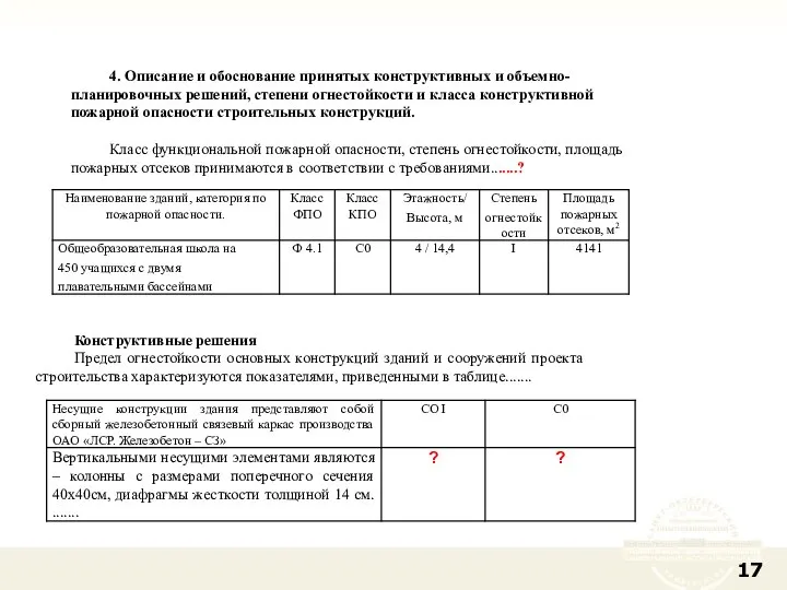 4. Описание и обоснование принятых конструктивных и объемно-планировочных решений, степени огнестойкости