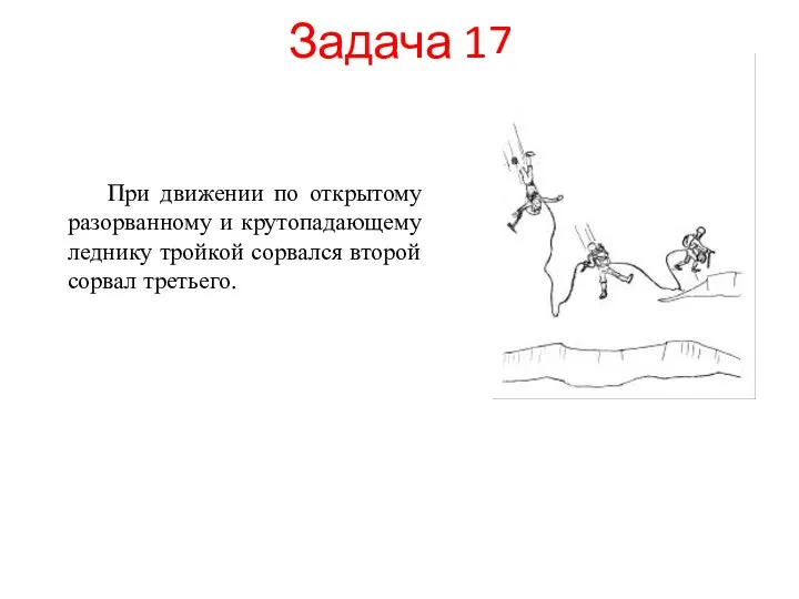 Задача 17 При движении по открытому разорванному и крутопадающему леднику тройкой сорвался второй сорвал третьего.