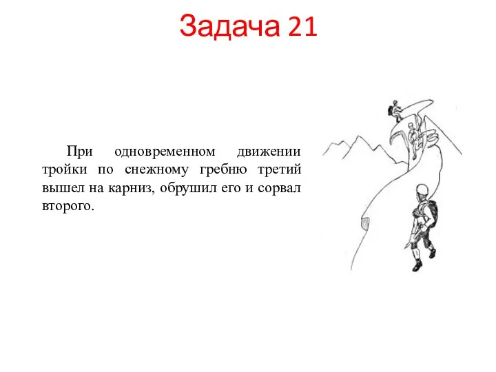 Задача 21 При одновременном движении тройки по снежному гребню третий вышел