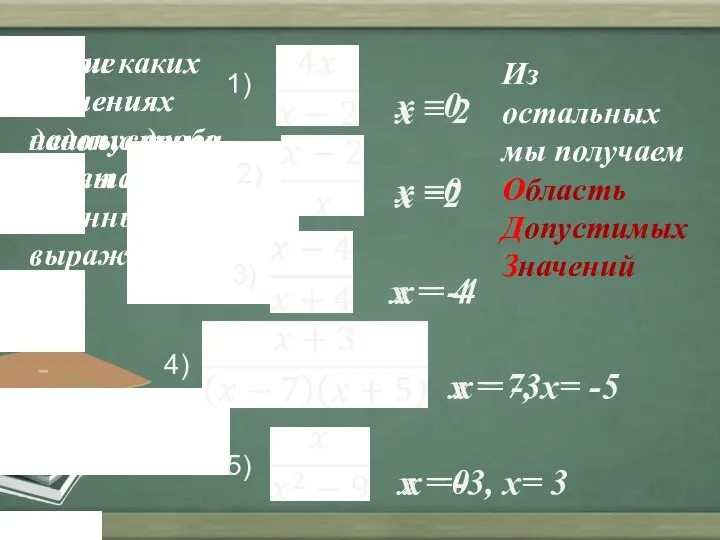 Какие значения недопустимо подставлять в данные выражения? 1) 2) 3) 4)