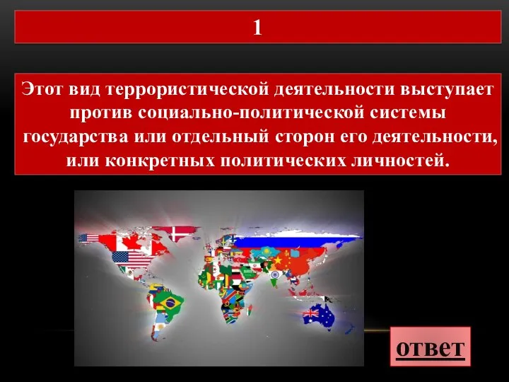 ответ 1 Этот вид террористической деятельности выступает против социально-политической системы государства