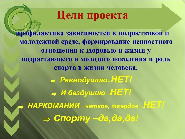 Цели проекта профилактика зависимостей в подростковой и молодежной среде, формирование ценностного