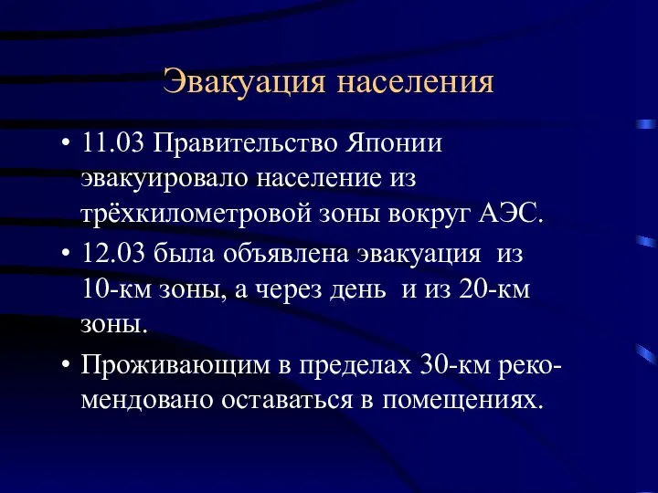 Эвакуация населения 11.03 Правительство Японии эвакуировало население из трёхкилометровой зоны вокруг