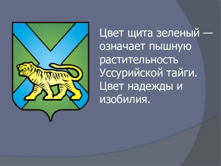 Цвет щита зеленый — означает пышную растительность Уссурийской тайги. Цвет надежды и изобилия.