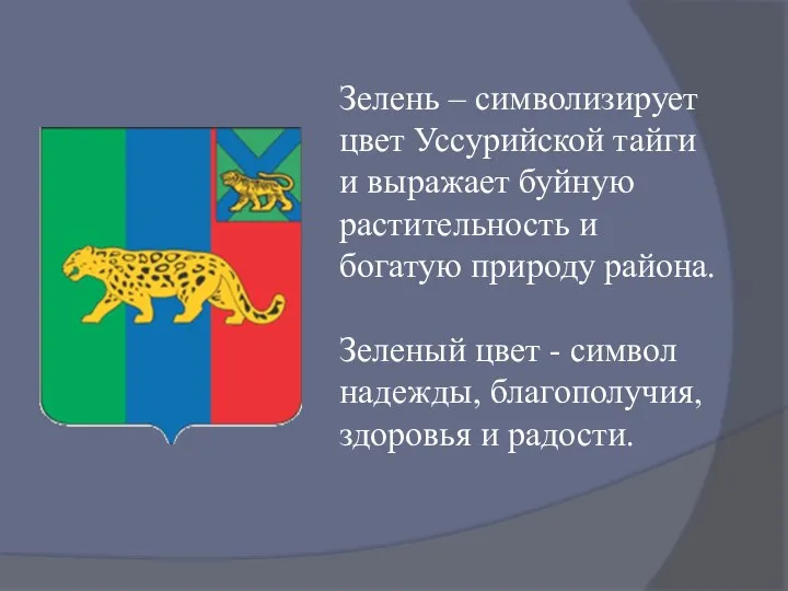 Зелень – символизирует цвет Уссурийской тайги и выражает буйную растительность и