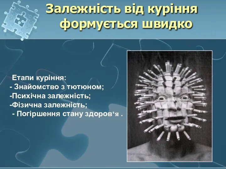 Залежність від куріння формується швидко Етапи куріння: Знайомство з тютюном; Психічна