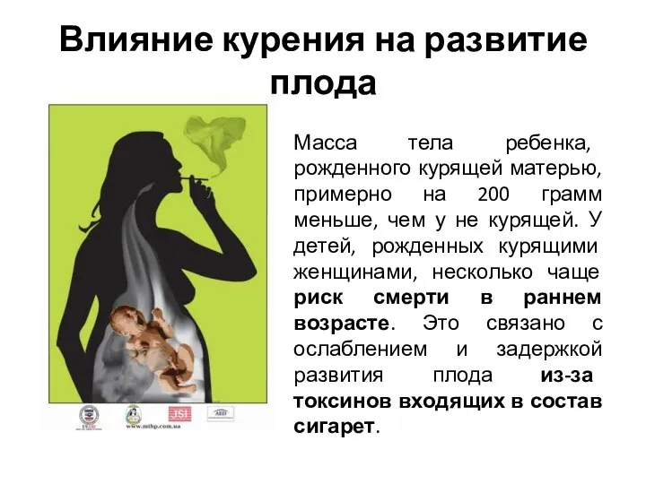 Влияние курения на развитие плода Масса тела ребенка, рожденного курящей матерью,