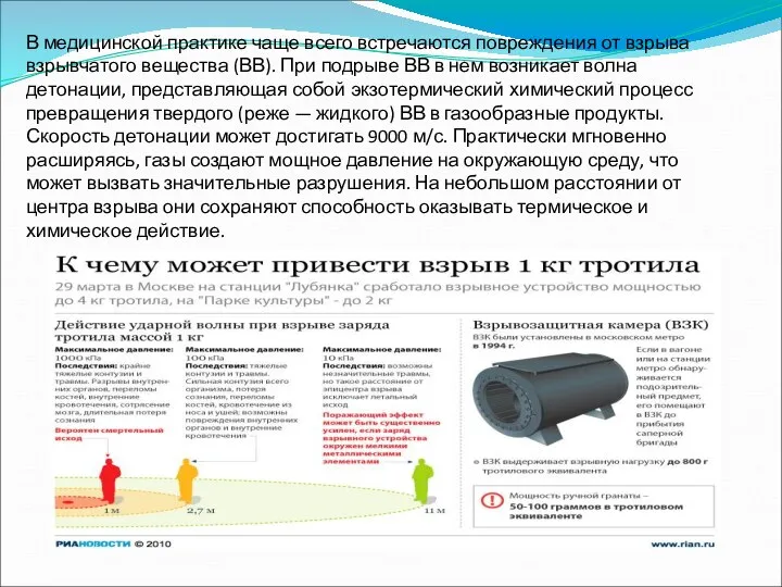 В медицинской практике чаще всего встречаются повреждения от взрыва взрывчатого вещества