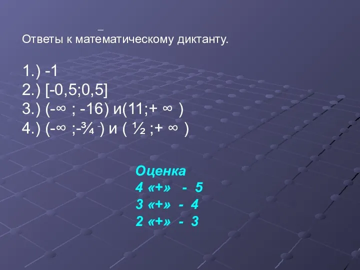 Ответы к математическому диктанту. 1.) -1 2.) [-0,5;0,5] 3.) (-∞ ;
