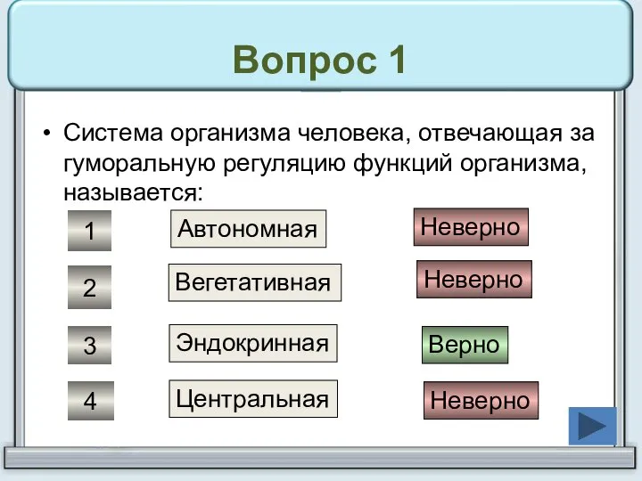 Вопрос 1 Система организма человека, отвечающая за гуморальную регуляцию функций организма,