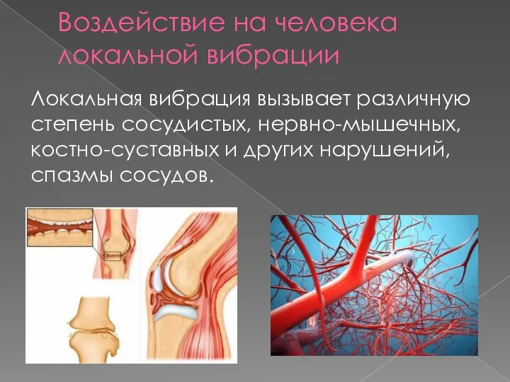 Воздействие на человека локальной вибрации Локальная вибрация вызывает различную степень сосудистых,