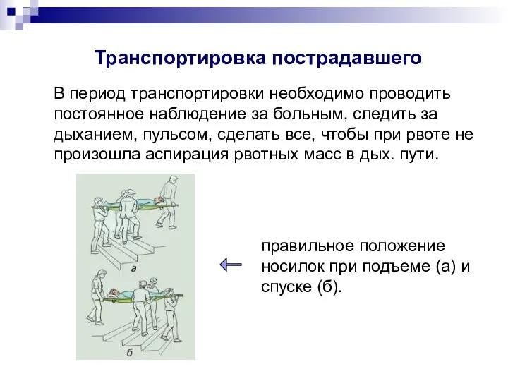 Транспортировка пострадавшего В период транспортировки необходимо проводить постоянное наблюдение за больным,