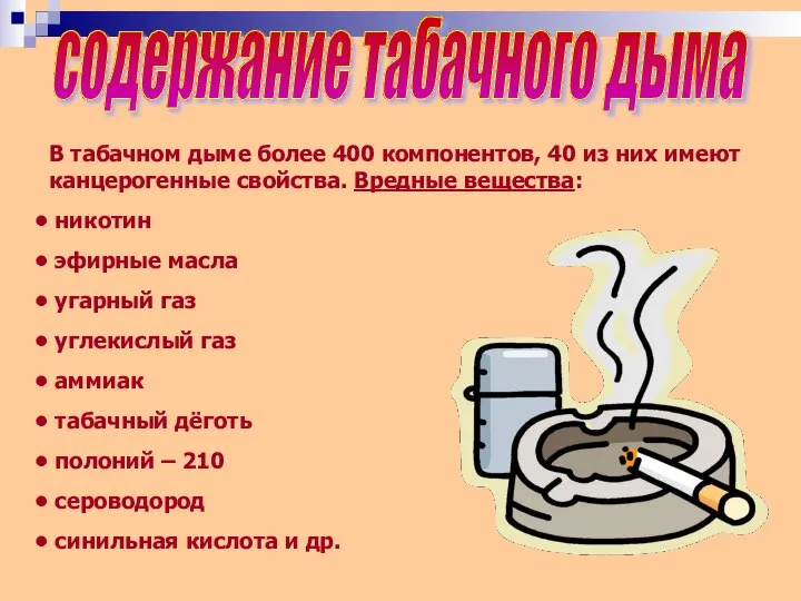 содержание табачного дыма В табачном дыме более 400 компонентов, 40 из