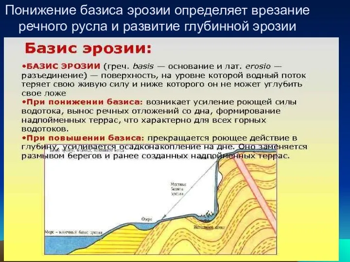 Понижение базиса эрозии определяет врезание речного русла и развитие глубинной эрозии