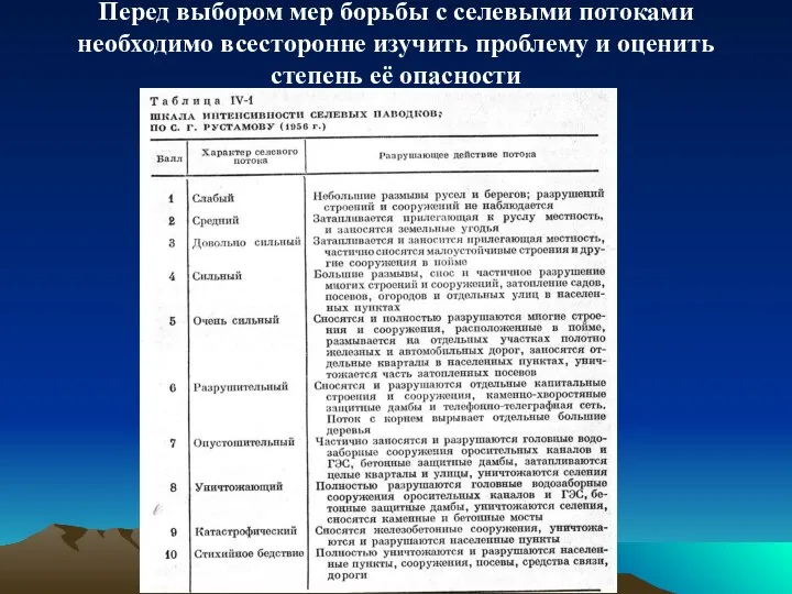 Перед выбором мер борьбы с селевыми потоками необходимо всесторонне изучить проблему и оценить степень её опасности