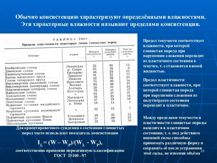 Обычно консистенцию характеризуют определёнными влажностями. Эти характерные влажности называют пределами консистенции.