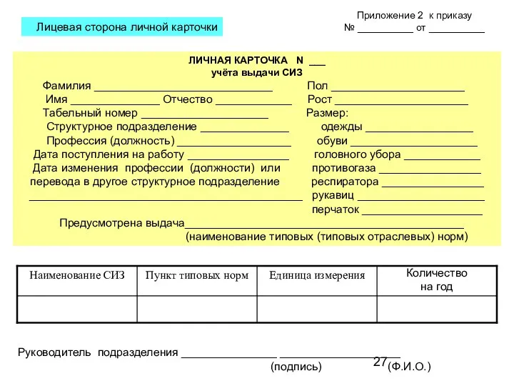 Приложение 2 к приказу № __________ от __________ ЛИЧНАЯ КАРТОЧКА N