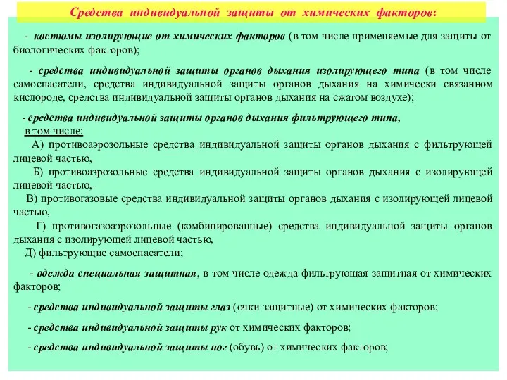 - костюмы изолирующие от химических факторов (в том числе применяемые для